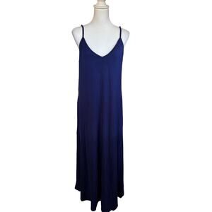 SKiVYS Femme Navy Blue V-Neck Maxi Dress XL Quite Luxury Minimalist Pockets NWT